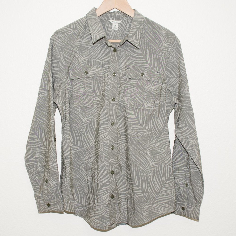 L.L. Bean Women's Cool Max Leaf Print Patch Pocket Button Down Shirt